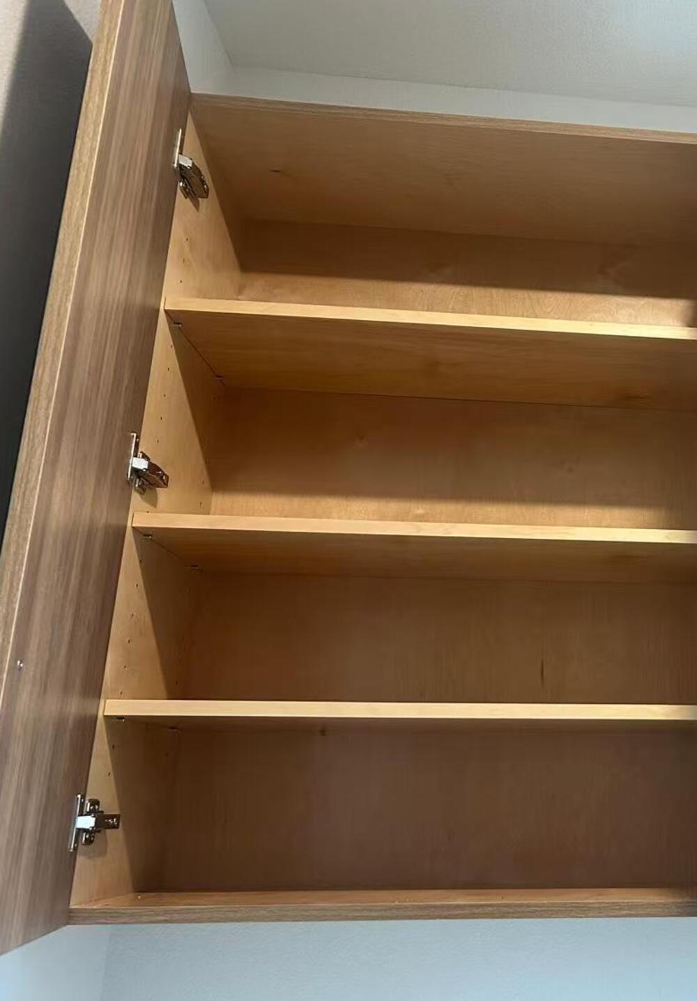 Hinges on an open wall cabinet