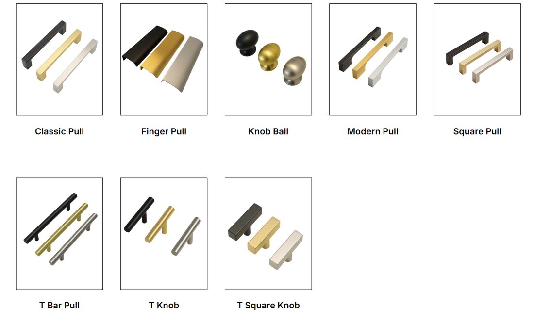 Pull & knob styles — black, gold, nickel