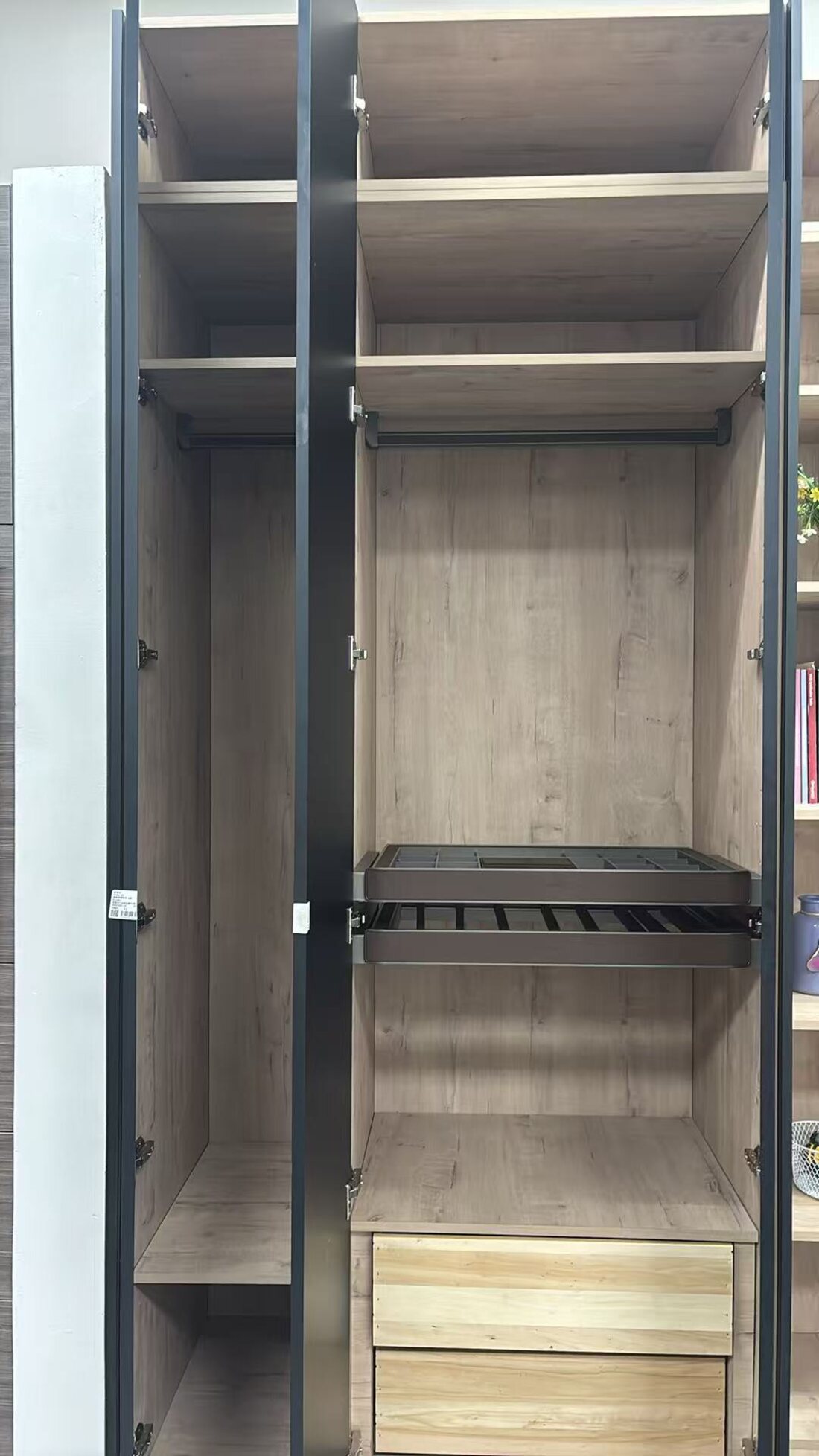 Pull-out rack and rod inside a wardrobe