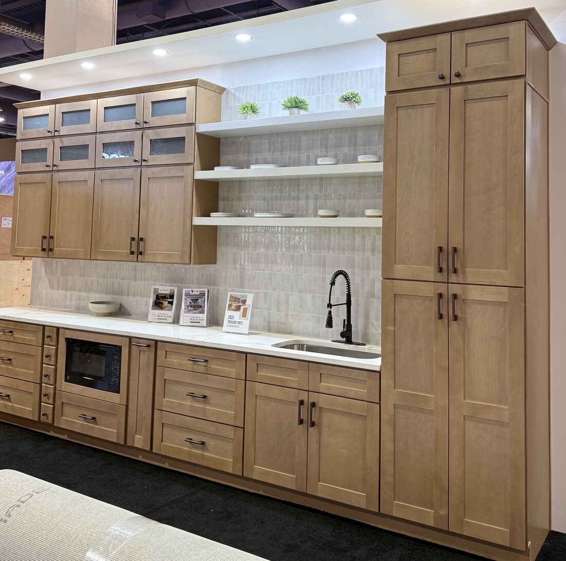 Floating open shelves with crown above