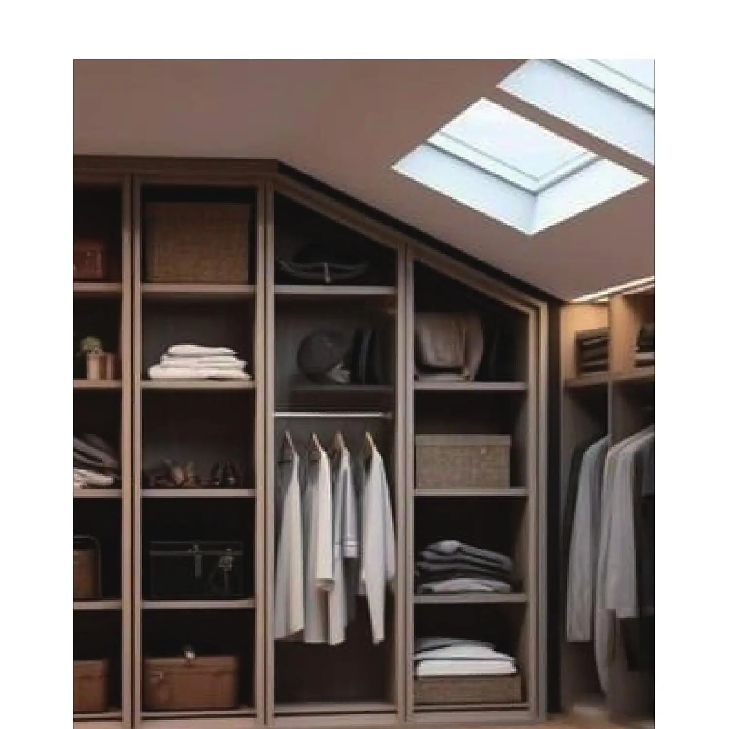 Walk-in closet in warm oak with open shelving, drawers and hanging space