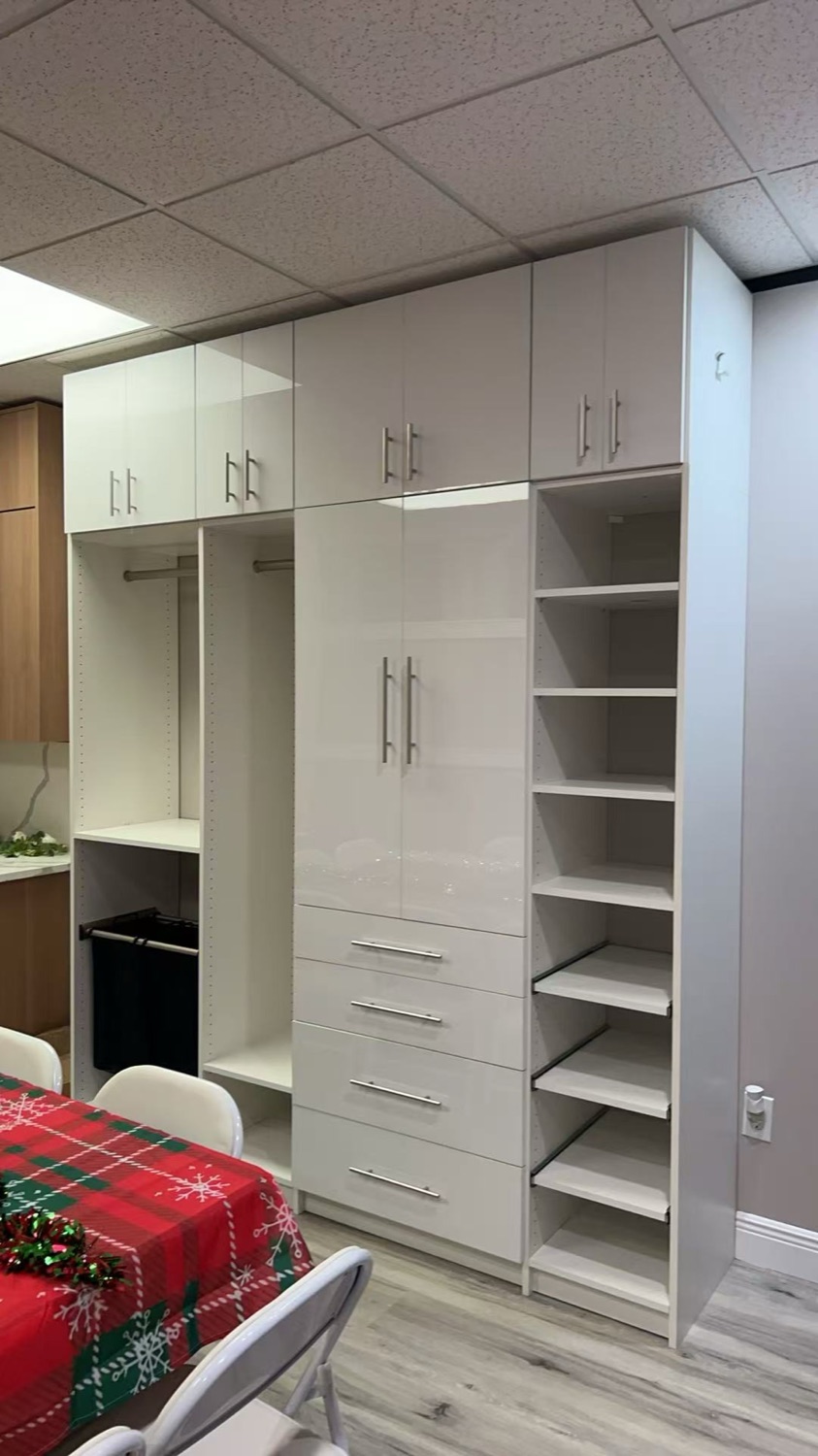 Wardrobe — real Luxova install in gloss white with open shelving
