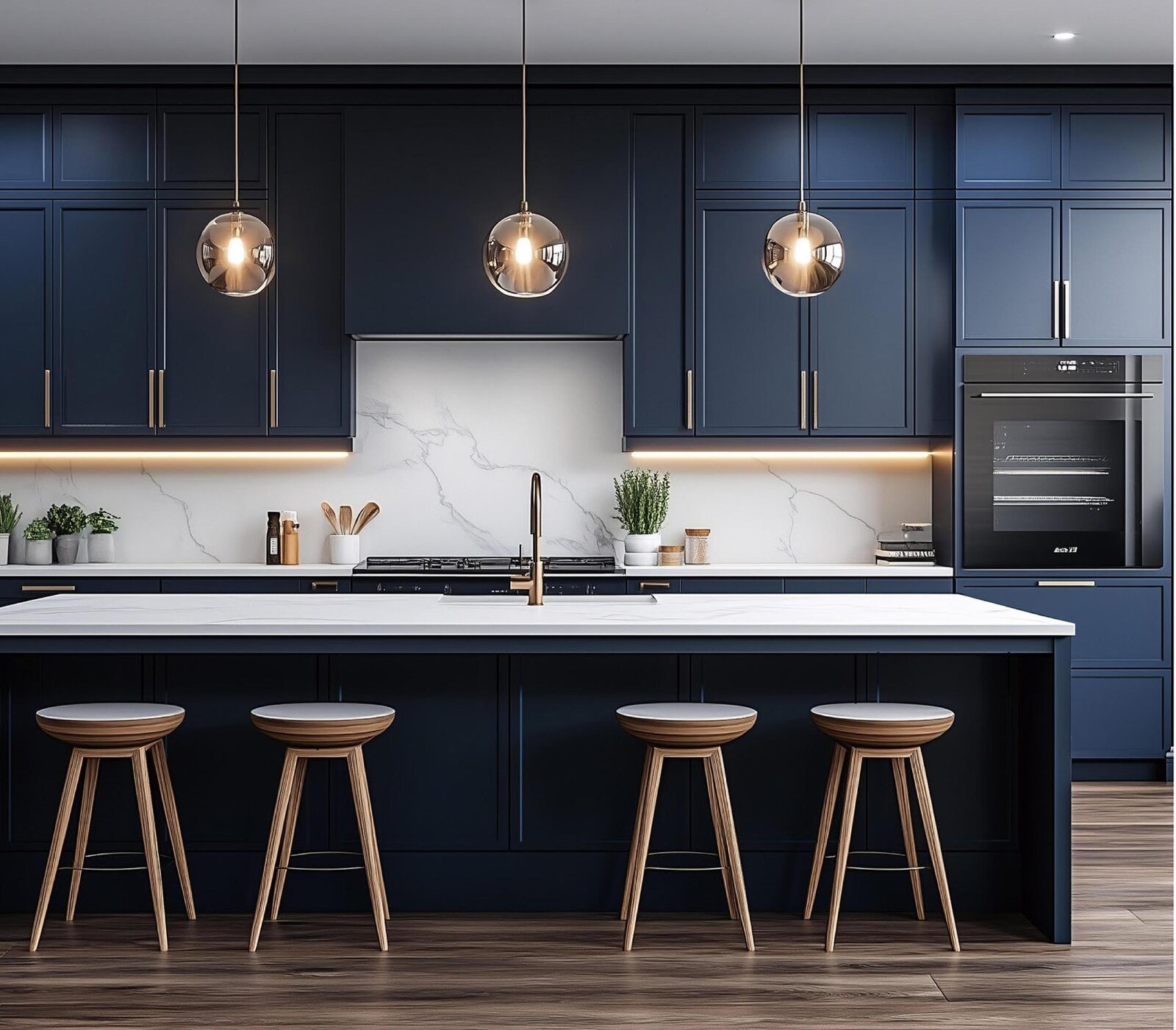 Modern slim-shaker kitchen in navy blue with brass accents