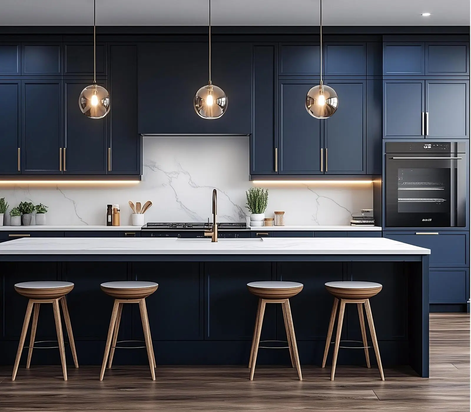 Modern slim-shaker kitchen in navy blue with brass accents