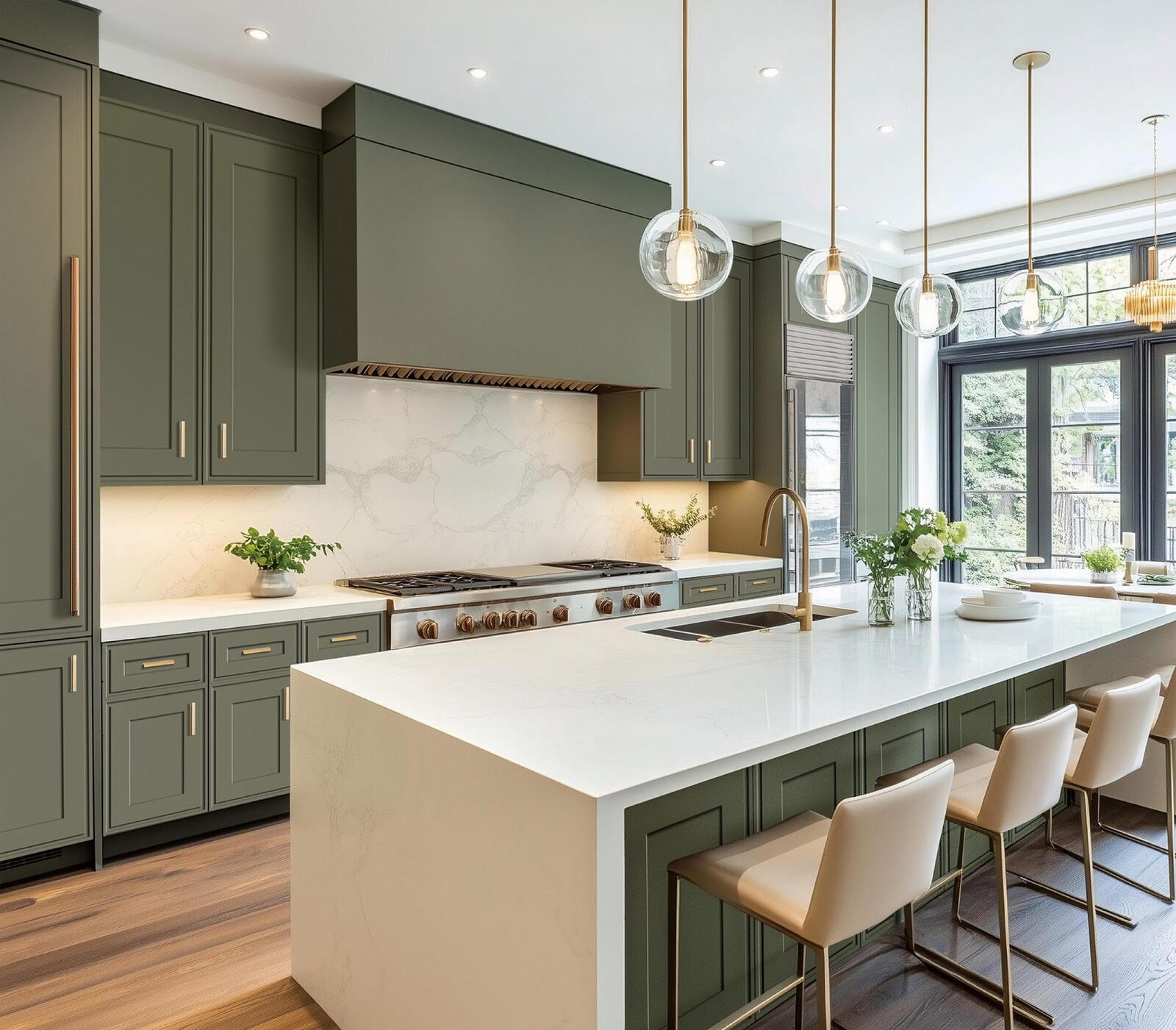 Modern kitchen in sage green with a marble island