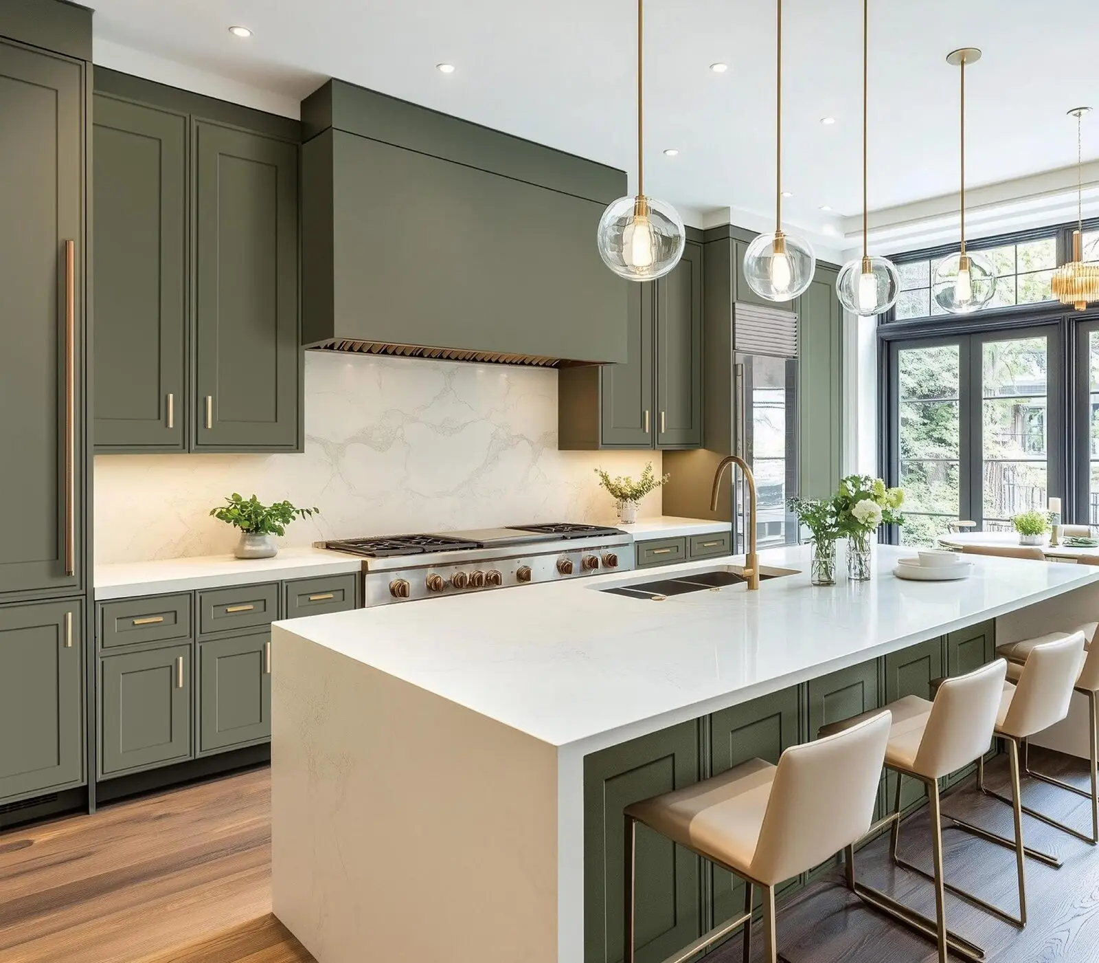 Modern kitchen in sage green with a marble island
