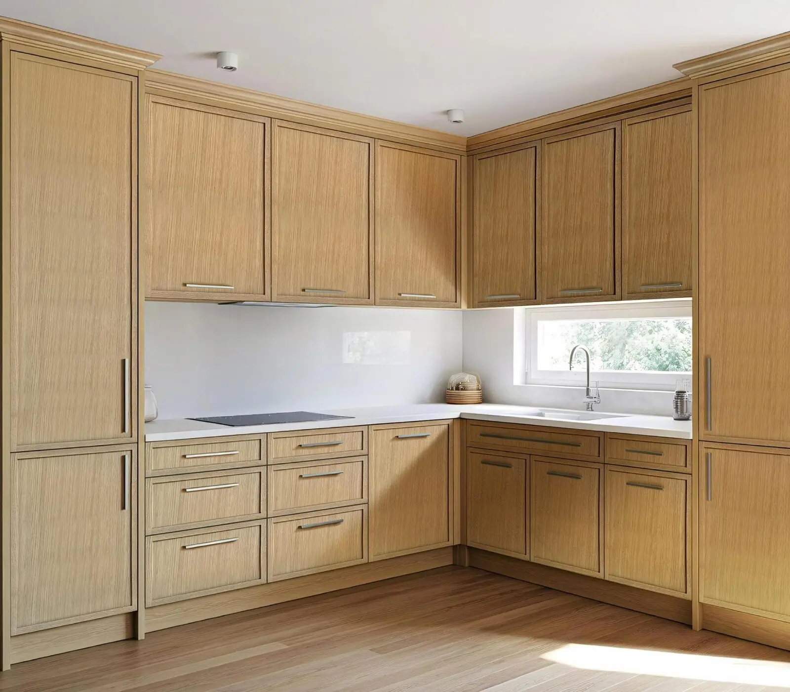 Modern slim-shaker kitchen in light oak, full wall of cabinetry