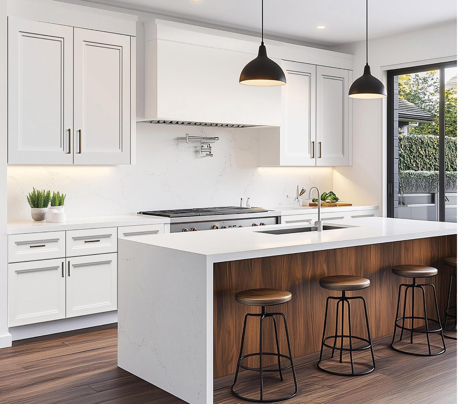 Modern kitchen in white with a walnut waterfall island