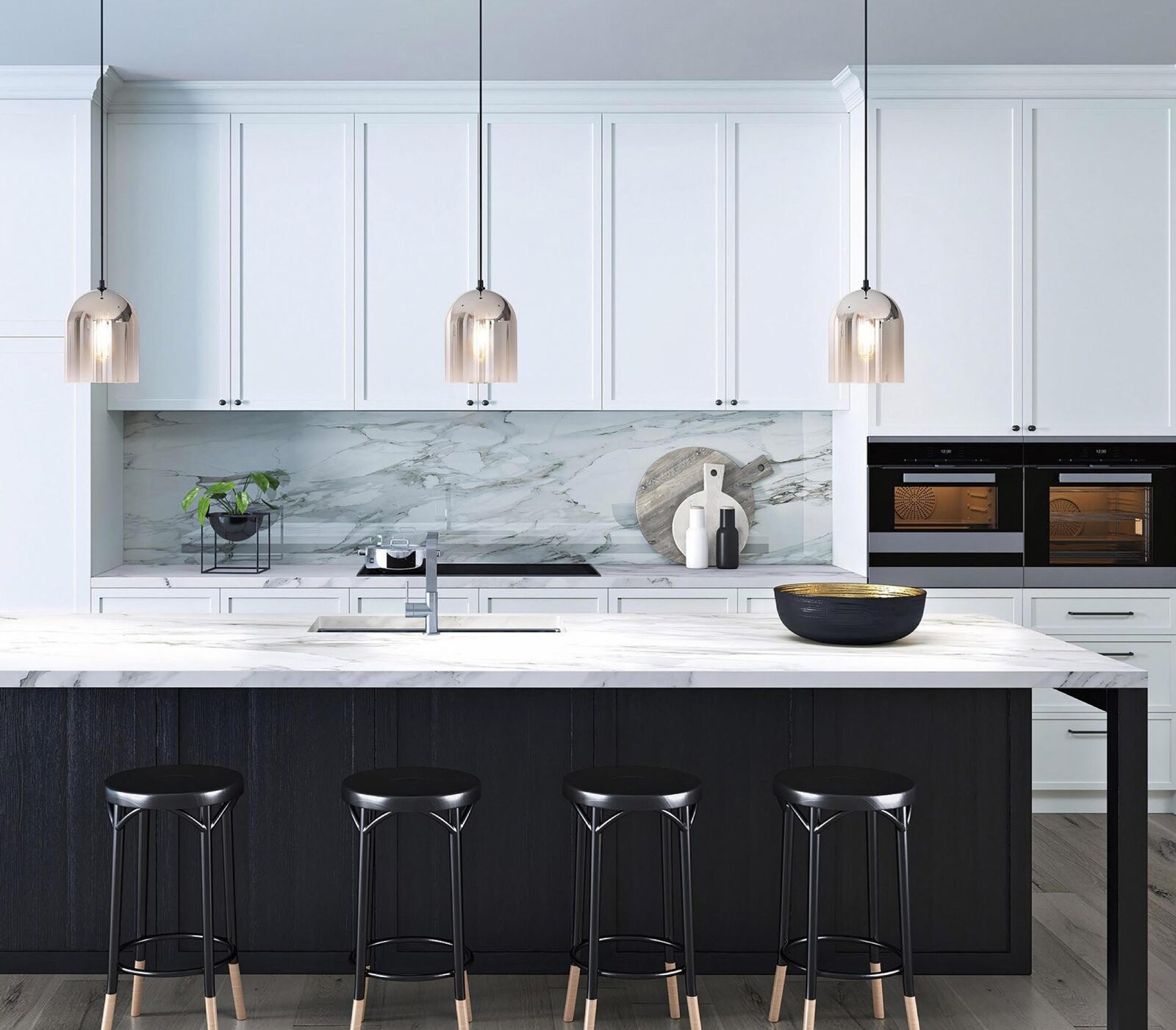 Modern slim-shaker kitchen in white with a black marble-topped island