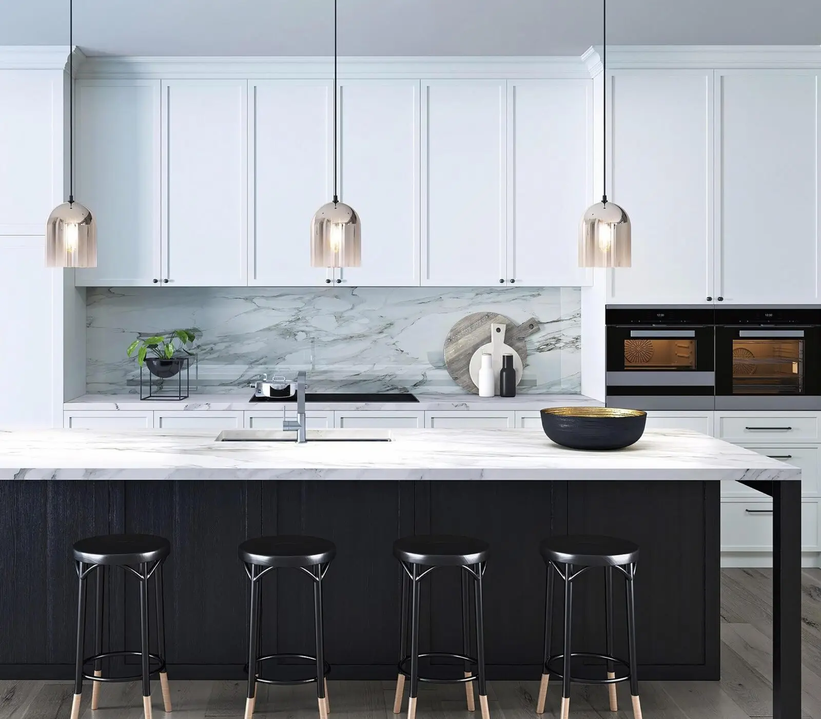 Modern slim-shaker kitchen in white with a black marble-topped island