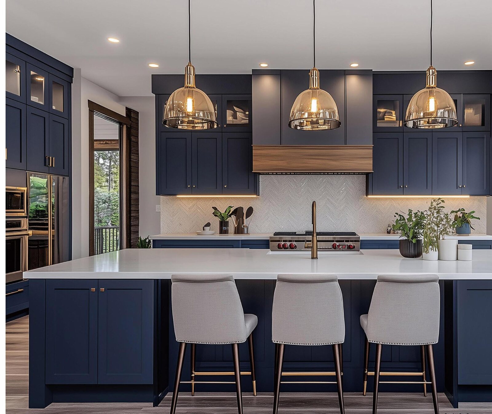 Shaker kitchen in navy blue with brass hardware