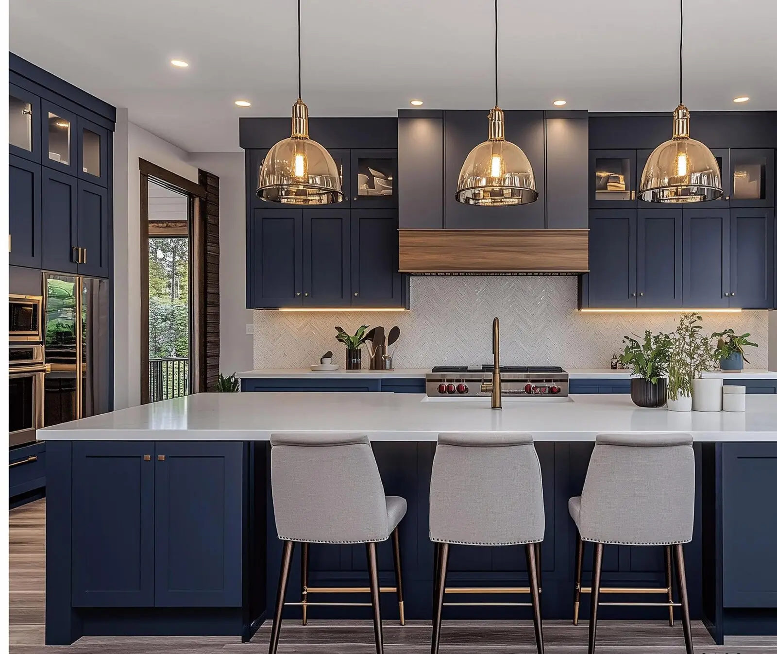 Shaker kitchen in navy blue with brass hardware
