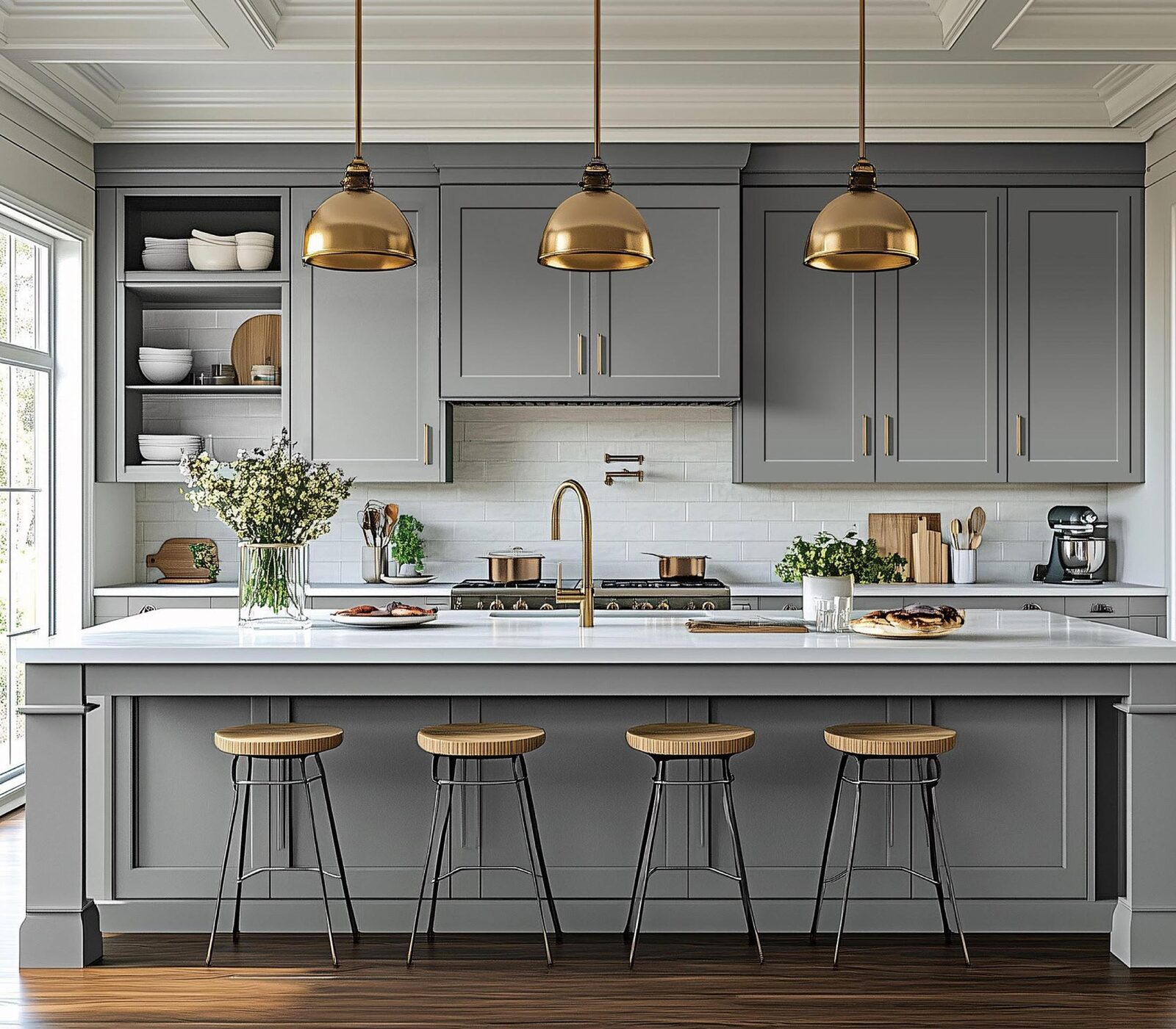 Shaker kitchen in grey with brass dome pendants