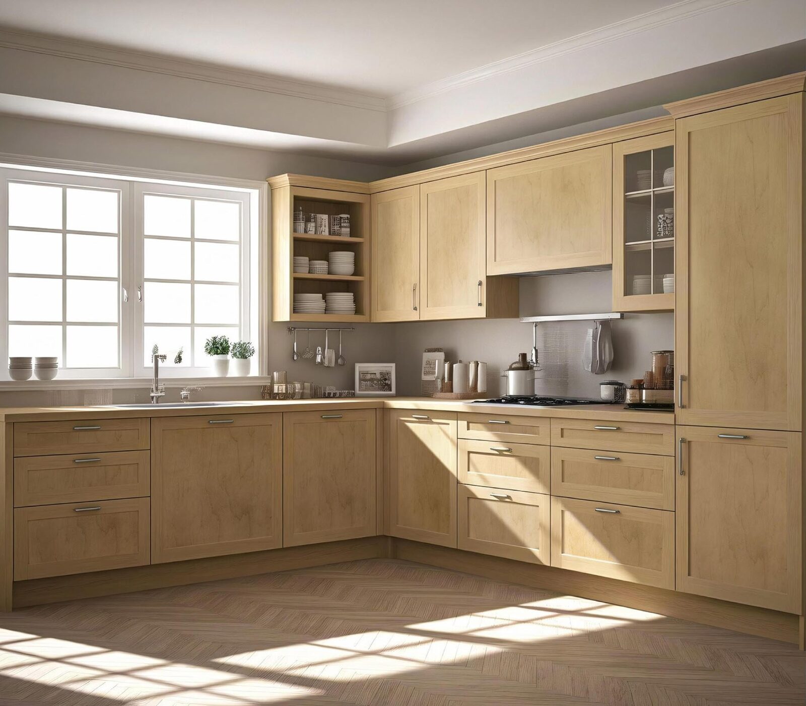 Shaker kitchen in warm maple with glass-front uppers