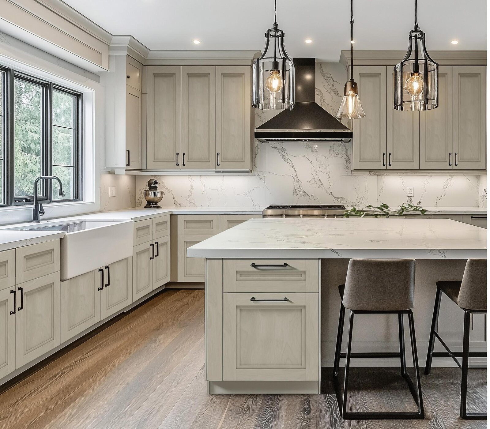 Double-shaker kitchen in greige with a farmhouse sink and marble backsplash