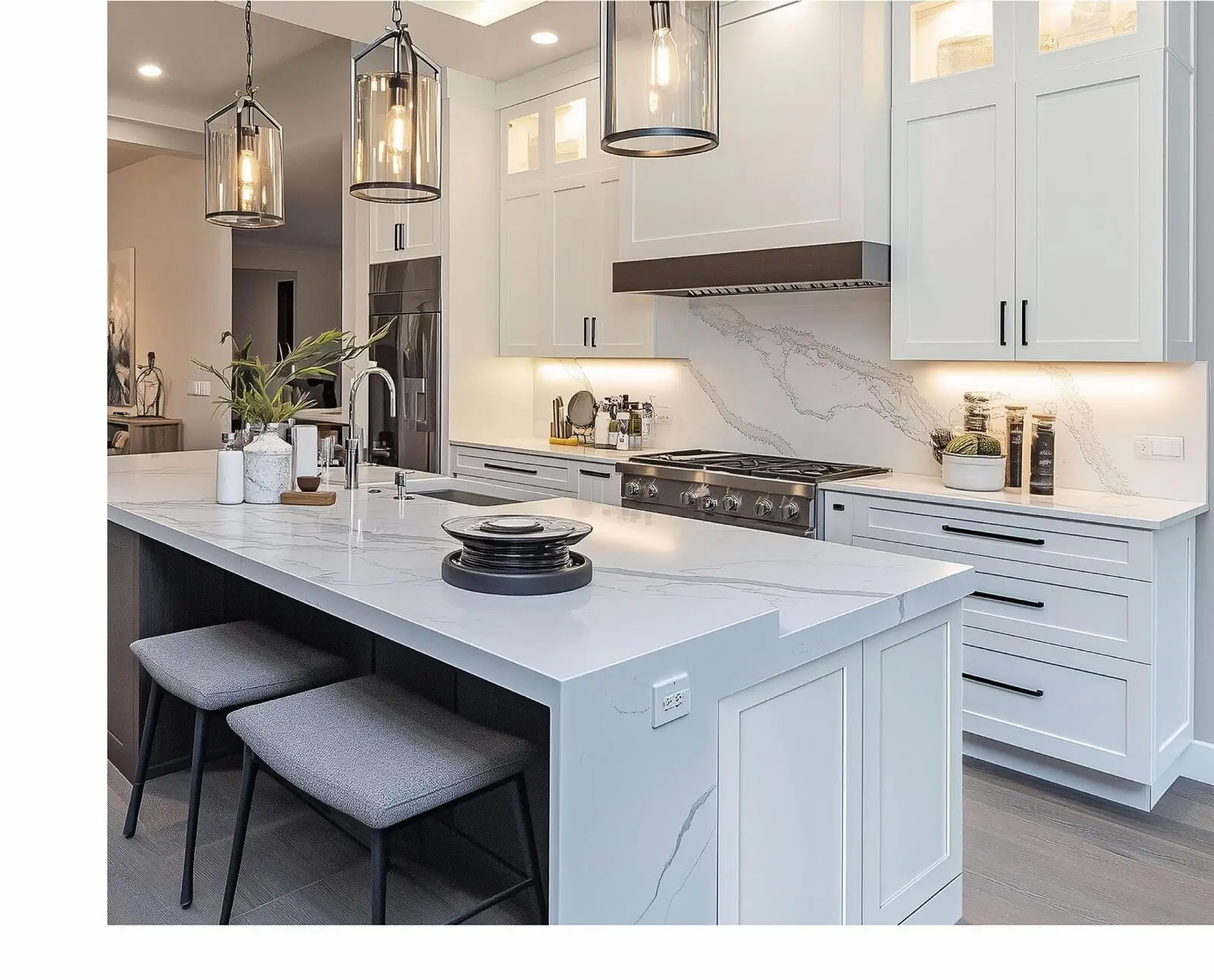 Shaker kitchen in white with a marble waterfall island