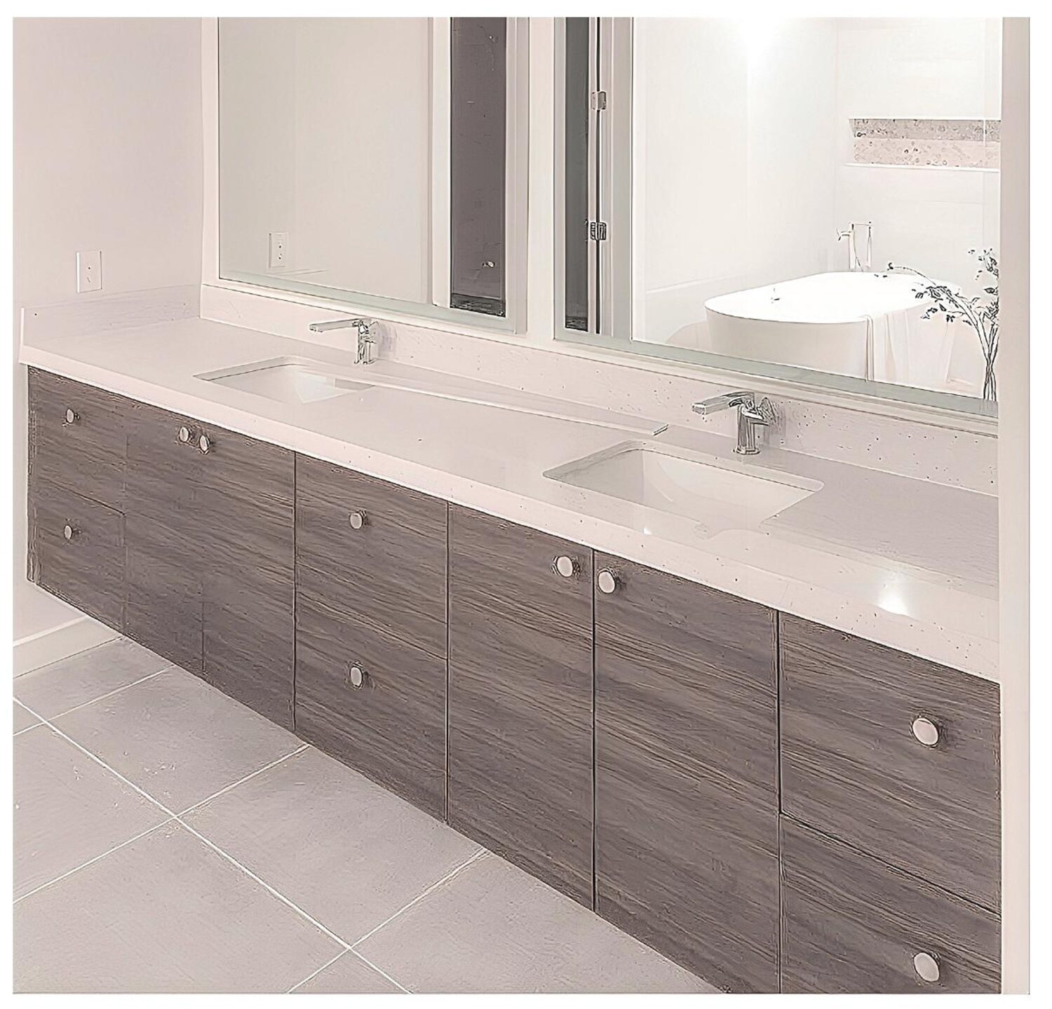 Floating double vanity in grey woodgrain under a full-width mirror