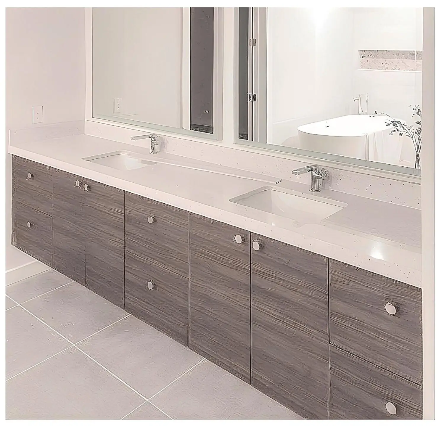 Floating double vanity in grey woodgrain under a full-width mirror