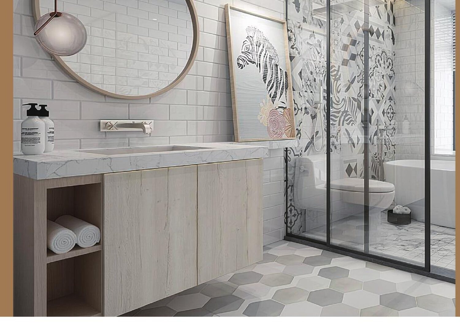 Oak shaker vanity with a marble top and open towel shelving