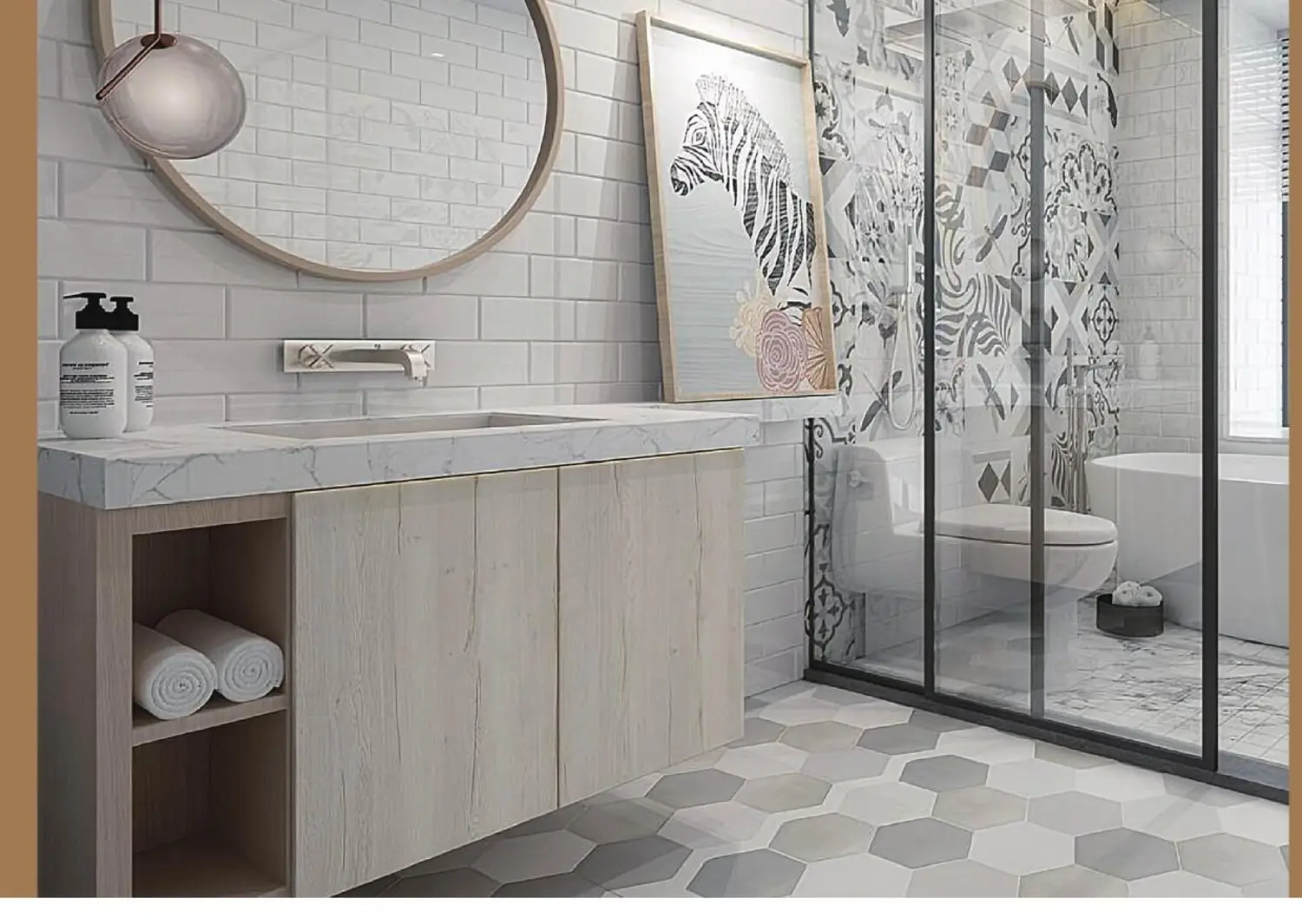 Oak shaker vanity with a marble top and open towel shelving