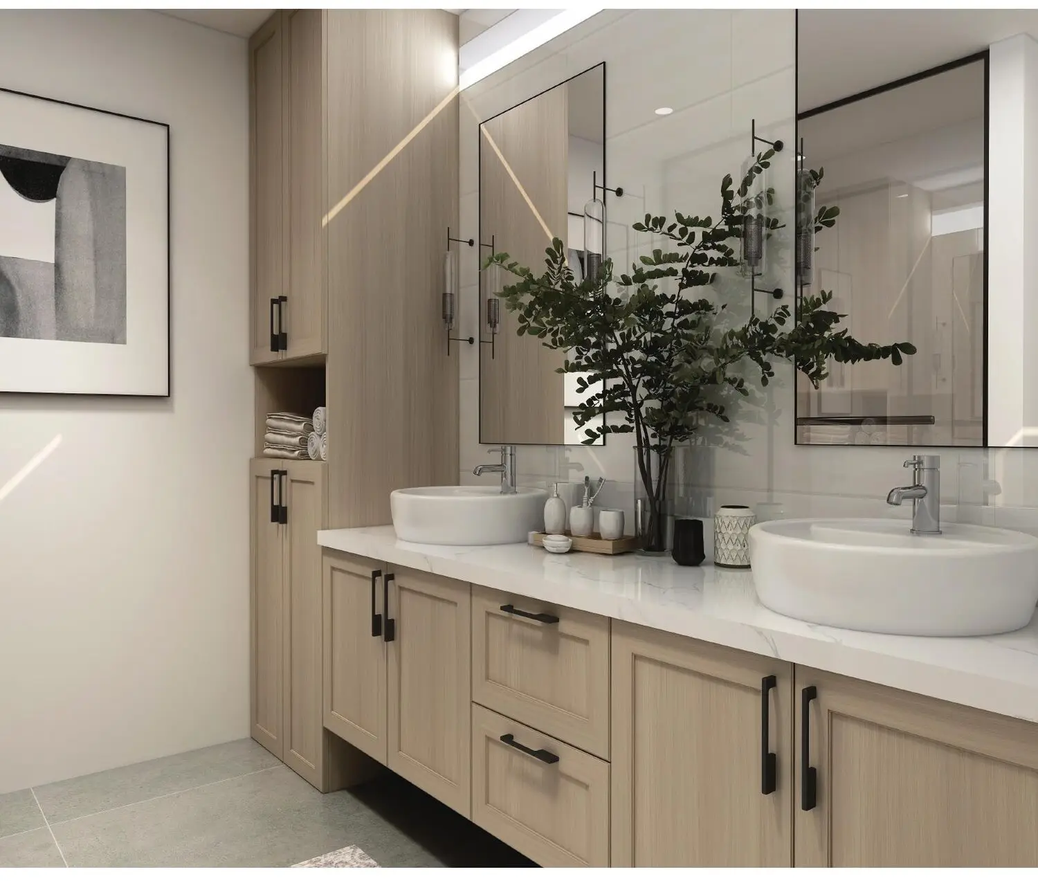 Shaker double vanity in light oak with vessel sinks and twin mirrors